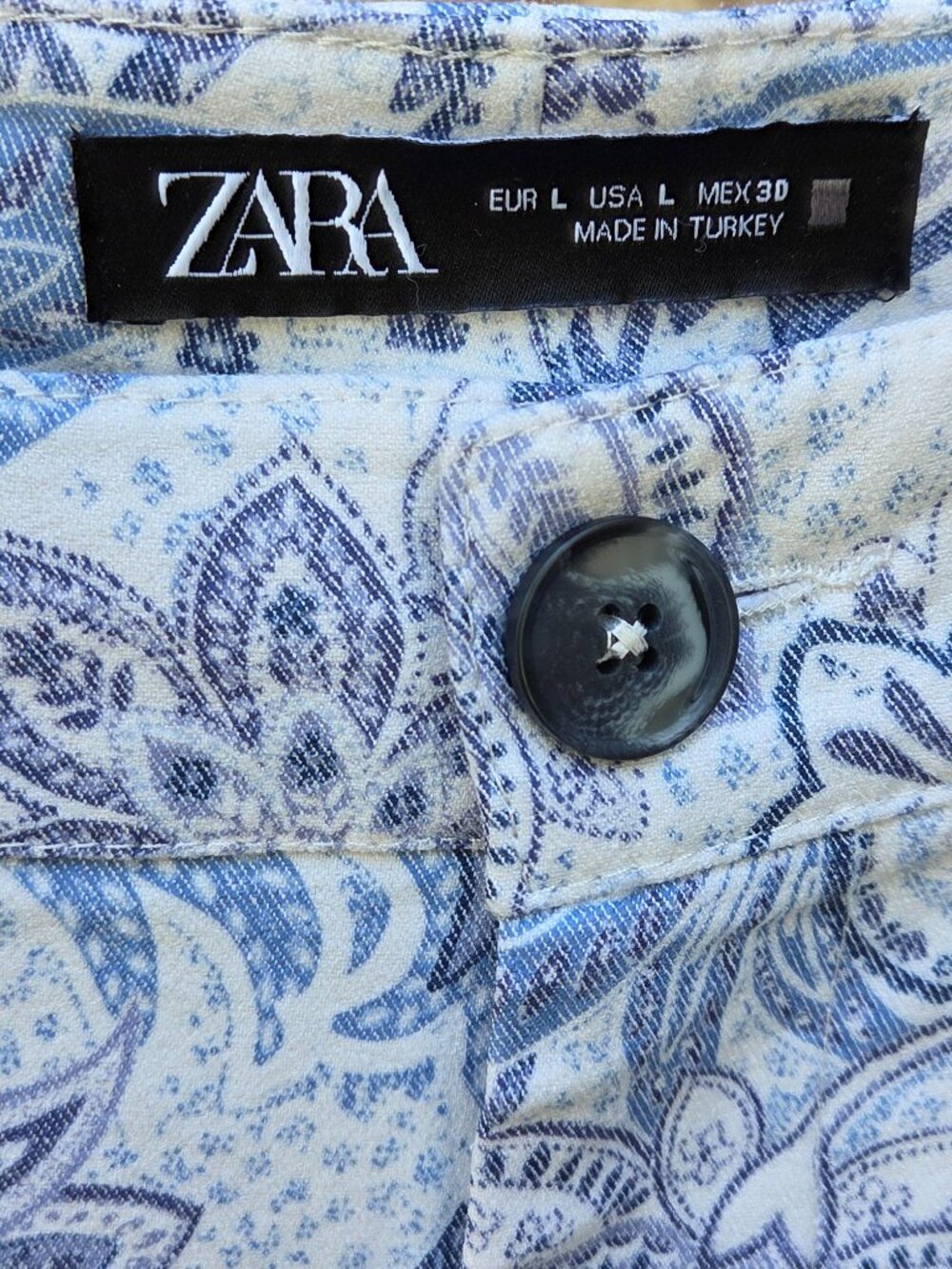 NWOT-Zara Women Pants L Blue & White Paisley Print Ankle Slim Fit Boho Chic